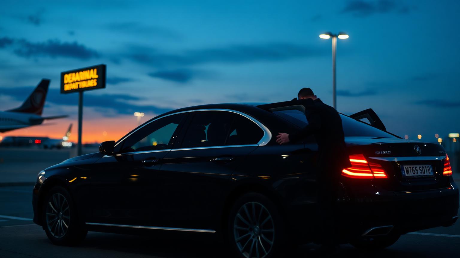 Executive sedan at airport departures terminal at dusk
