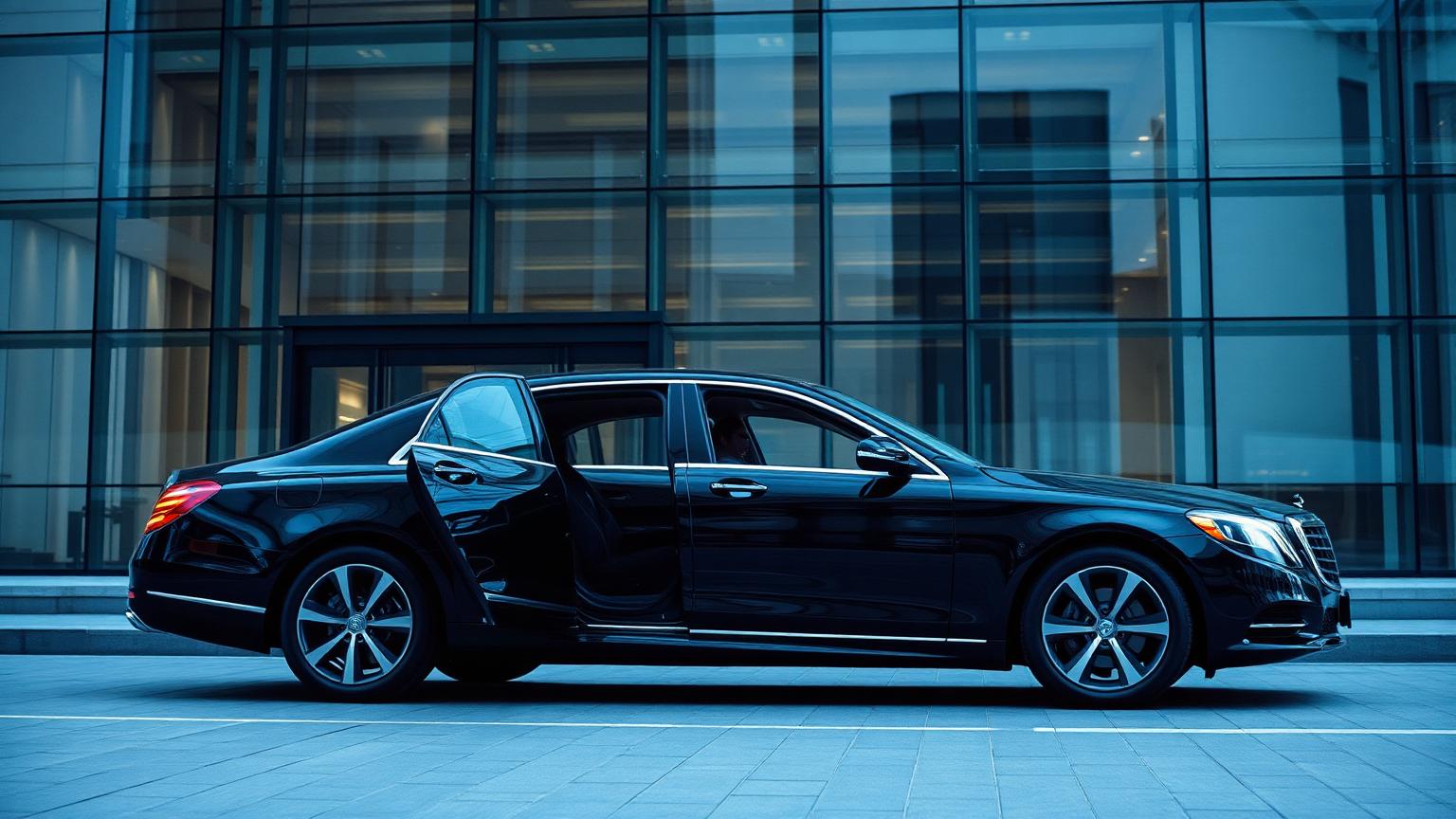 Executive sedan parked outside modern glass office tower for a corporate pickup