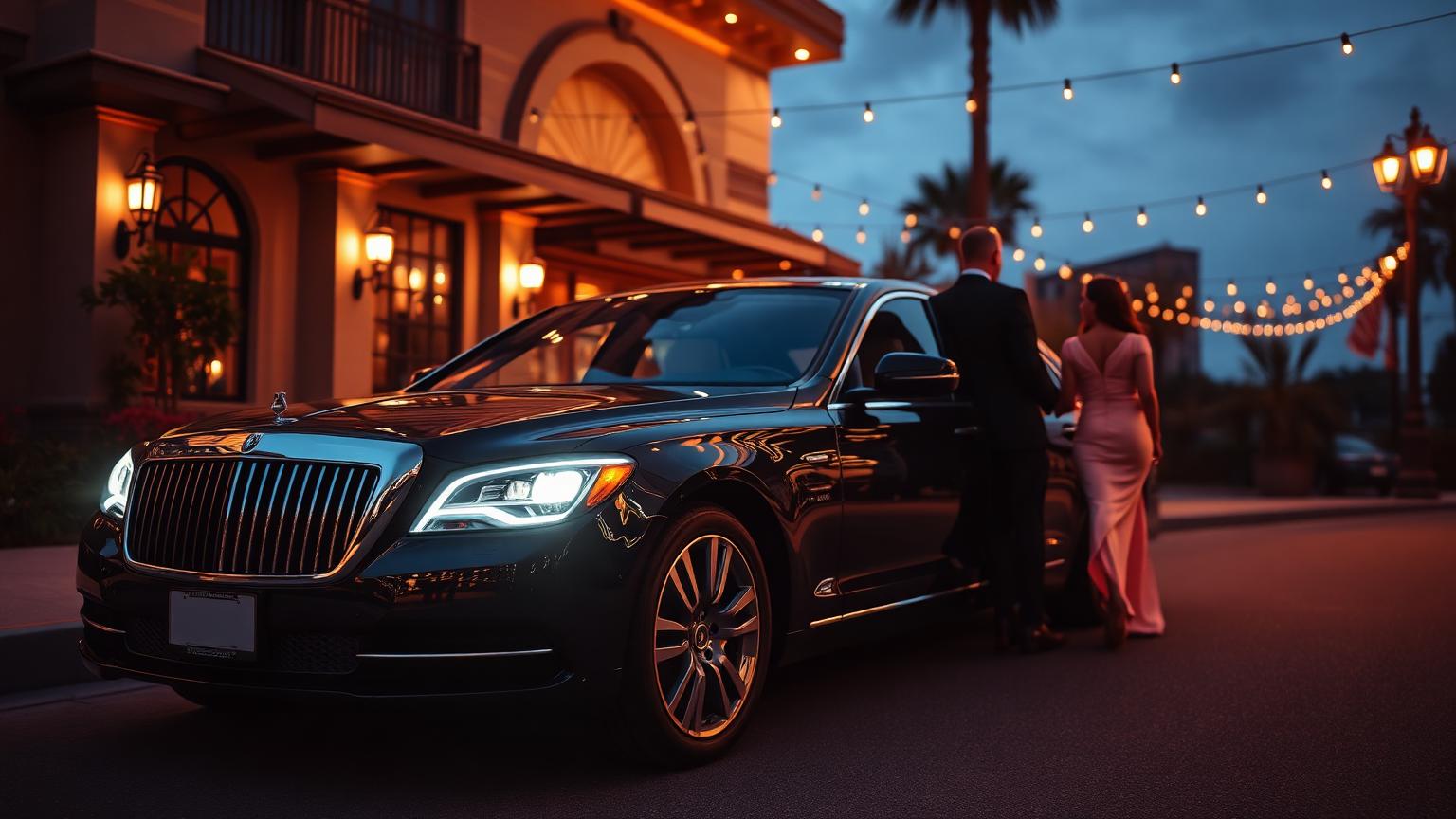 Luxury sedan staged at an upscale evening venue with warm string lights