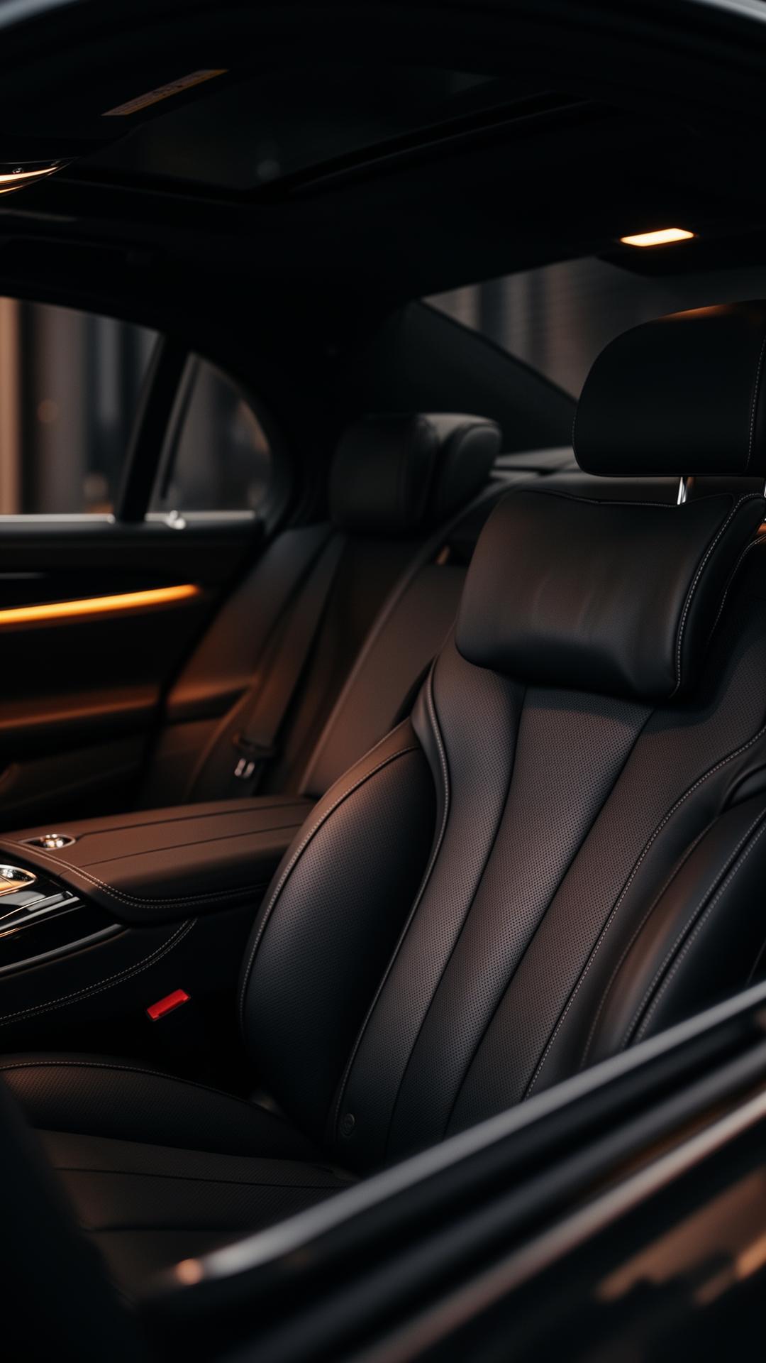 Black leather interior of an executive sedan
