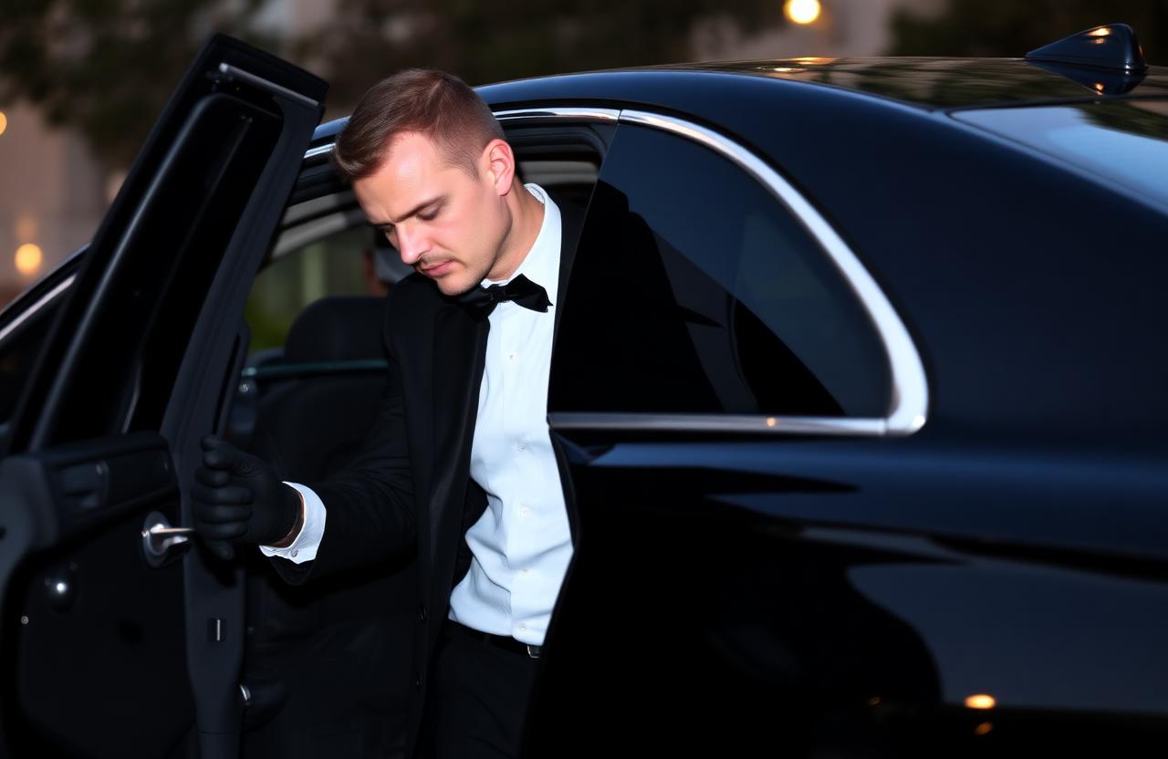 Chauffeur in black suit and gloves opening rear door of an executive sedan