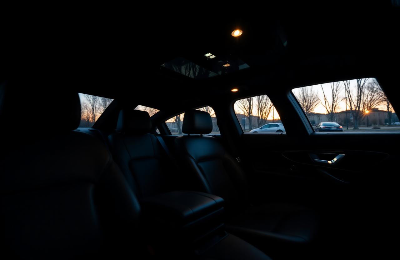 Quiet leather interior of an executive sedan with ambient cabin lighting