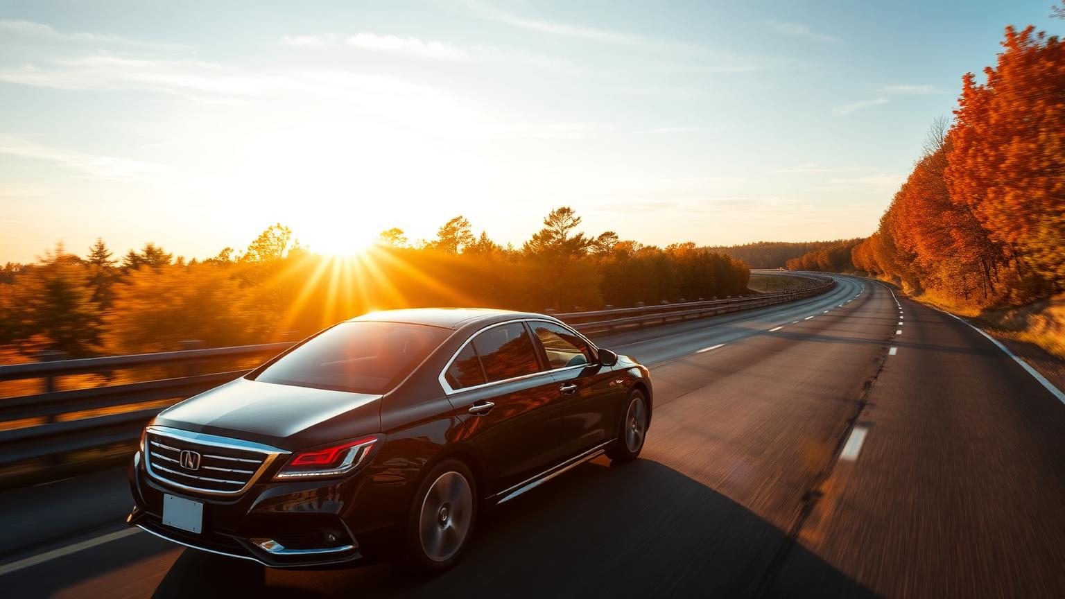 Luxury sedan on scenic New England highway at golden hour